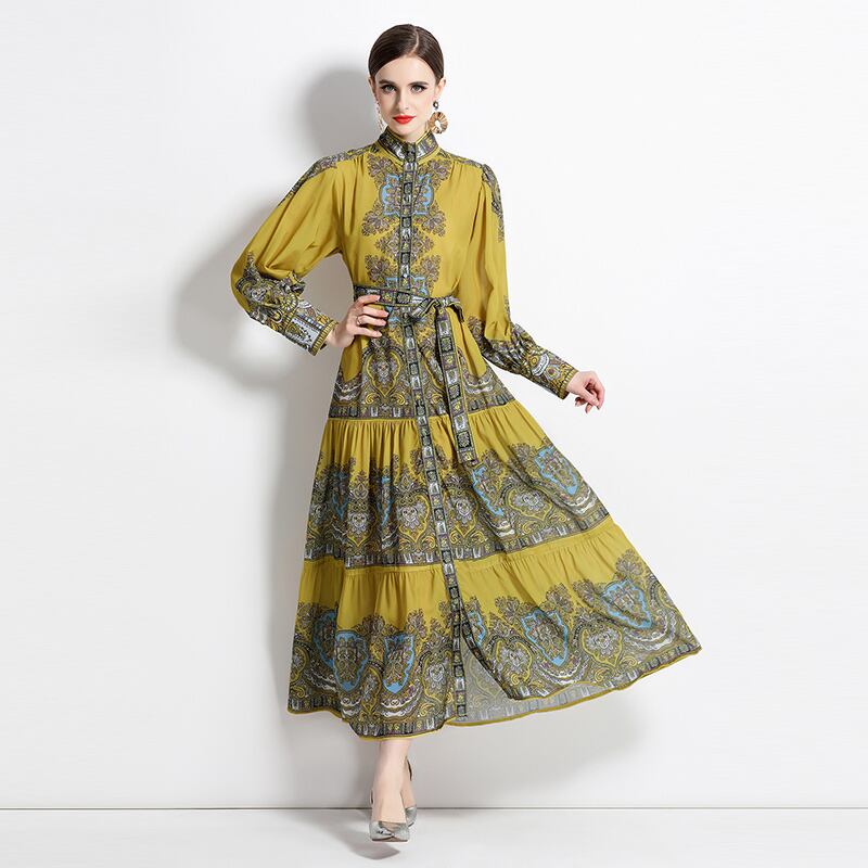 初回送料無料 レーディスファション長袖ワンピース プリントワンピース おしゃれワンピース