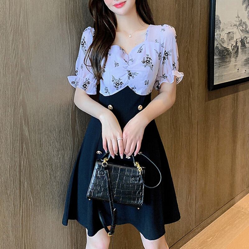 ワンピース カジュアル 長袖 配色 重ね着風 プリント 花柄 スクエアネック Aライン パープル アプリコット S M L Xl Dresszone