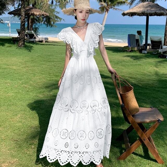 予約販売】ワンピース ロング丈 レディース レース ホワイト 白