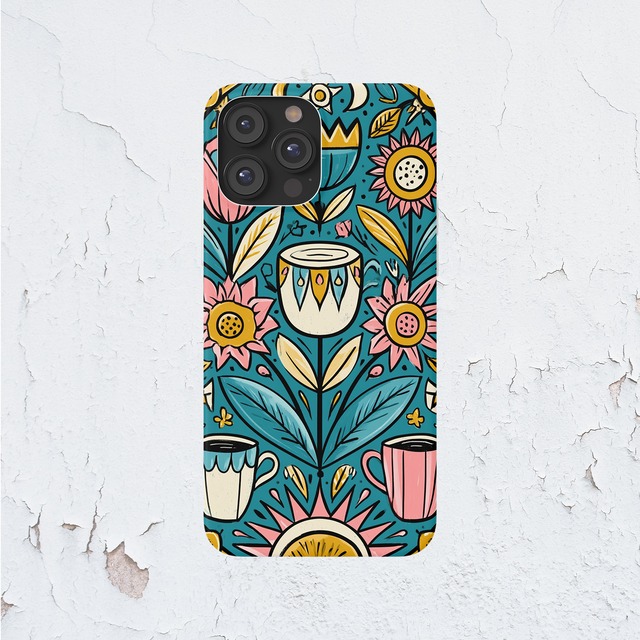 受注生産 iPhoneケース マグカップと花の民芸キッチン柄｜キッチンモチーフ PSYF058B