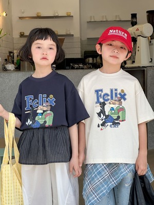 《取寄》キャラプリントTシャツ （オフホワイト／ネイビー） XDJK 2025夏 韓国子供服 トップス カットソー Tシャツ オーバーサイズ アメカジ フェリックス （90~150cm）