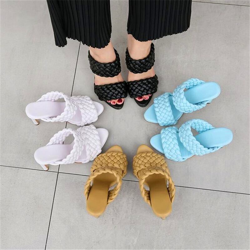 【新作】【送料無料】 ラウンドトゥファインヒールレディースハイヒールシューズカラー織り快適サンダル夏の新しいオープントゥサンダルとスリッパ 靴 ミュール サマー 夏物 10b338516897912