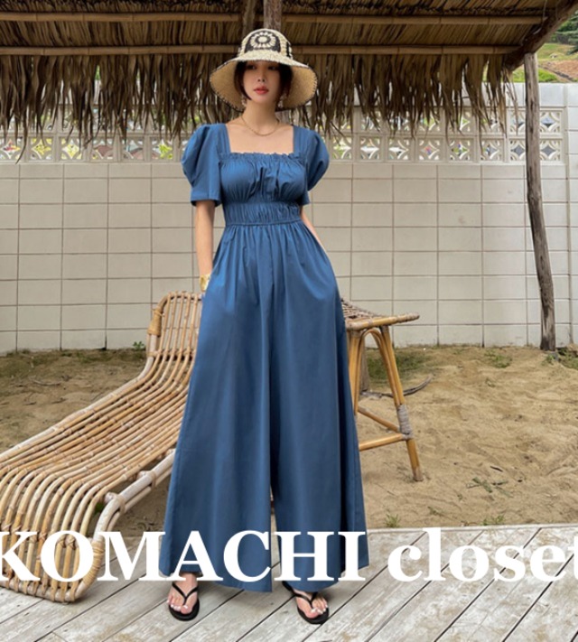 【送料無料】 ジャンプスーツ スリム カジュアル ワイドレッグパンツ ハイウエスト 青 黒 ベージュ 韓国 レディース  オルチャン オールインワン サロペット 袖あり 半袖 ボリューム袖 パフスリーブ スクエアネック かわいい 大人可愛い シンプル カジュアル 大人 上品 おしゃれ お洒落 かっこいい 大人女子 こなれ感 ラフ ボーイッシュ キュート 主役級 存在感 抜け感 春 夏 10代 20代 30代  通学 デート  公園 女子会 休日 高原 着回し 普段使い   韓国系