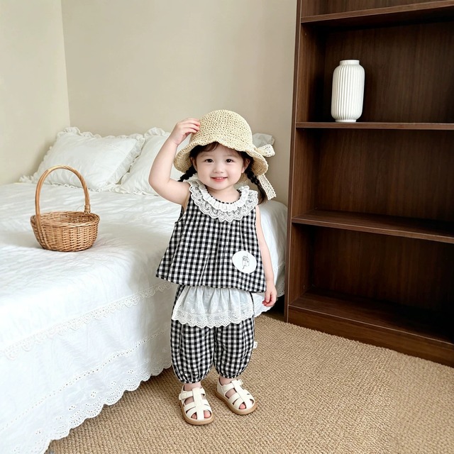 【BABY&KID】レースノースリーブチェックトップス