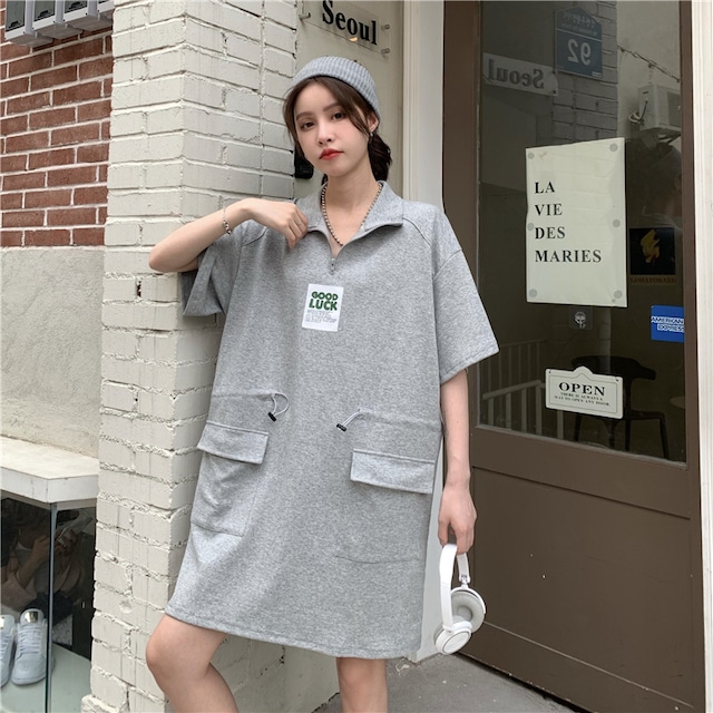 ポロカラー スウェット ミニ ワンピース Op5131 夏 レディース 半袖 ショート丈 Tシャツ ポロシャツ ハイネック グレー ブラック カジュアル スポーティー ラフ Eleanor