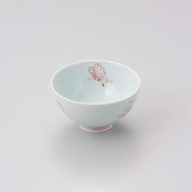 【青花 匠】“ちょうちょ” 3.8寸丸飯碗（赤）