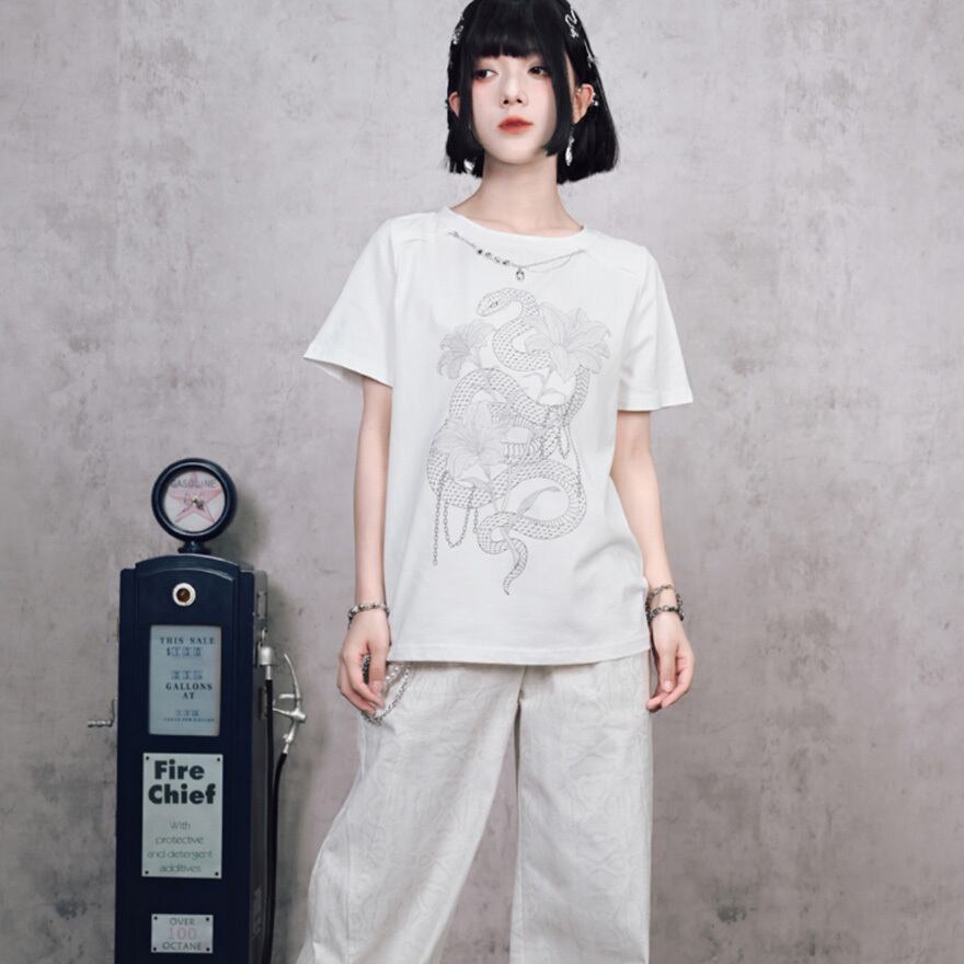 サブカル 服 地雷系 通販 チャイナ風服 古怪舎 シャツ コットン プリント 蛇柄 中華系ファッション夏服