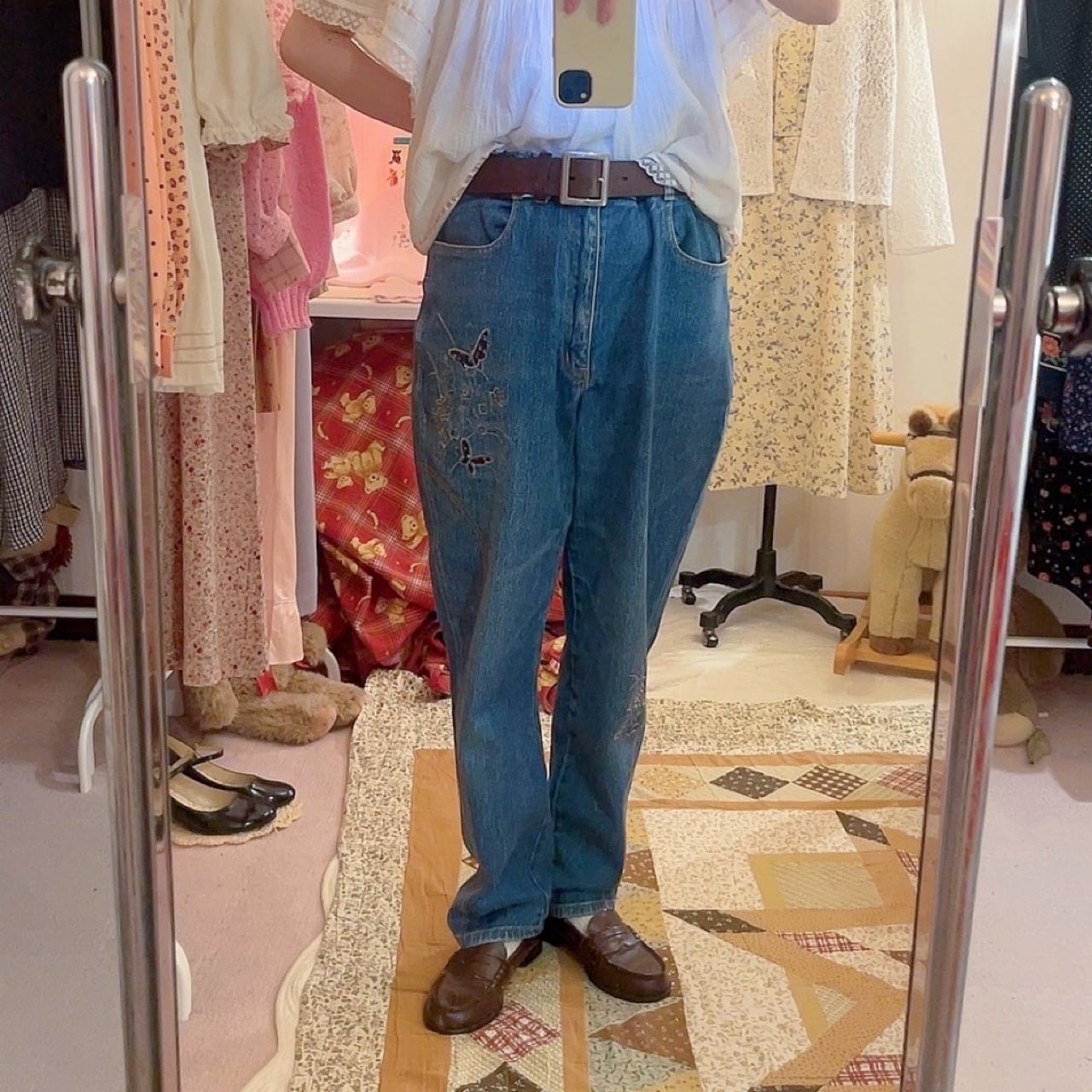 butterfly embroidery denim pants