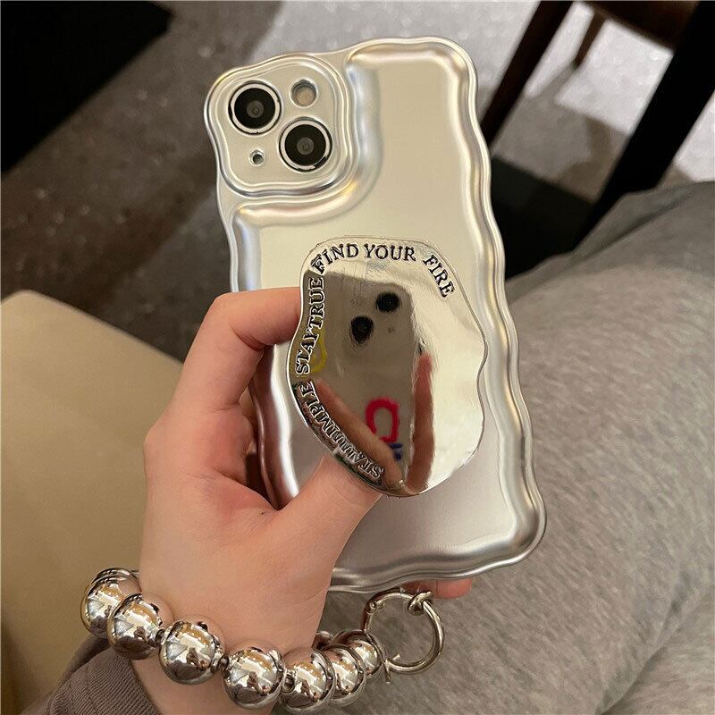 メタリック で COOL に ♪ スマホグリップ チェーン セット iPhone ケース シルバー アイフォン スマホ グリップ カバー 落下防止 プチプラ メタリック クール lamitte deco トレンド 韓国ファッション ショップ BASE店 ブレスレット 時計 アクセサリー 蝶 バタフライ 大人女子 クール