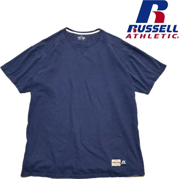 1点物◇ラッセル紺RUSSELL前V無地Tシャツ古着LメンズXLレディースOK