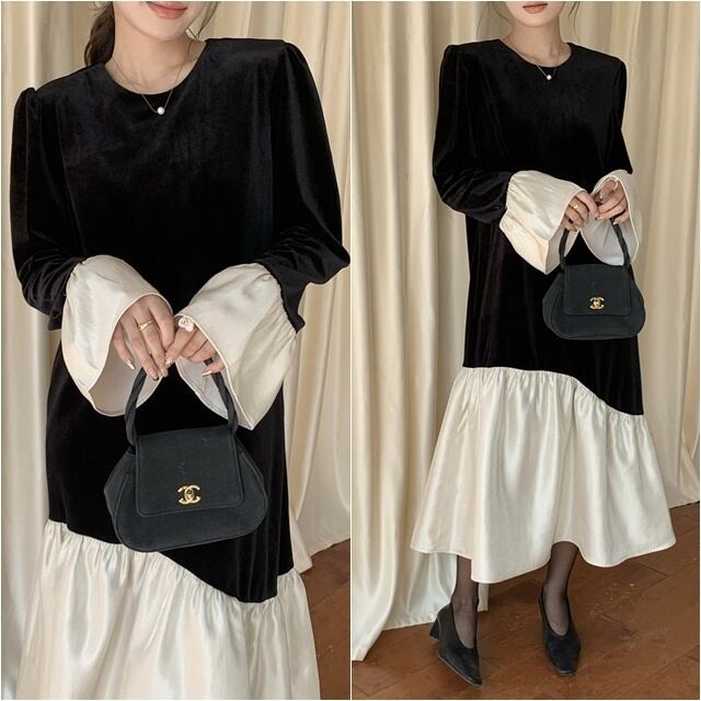 【予約販売】ワンピース レディース 切り替え バイカラー ロングワンピース ブラック 黒 こなれ感 ワンピ 大人可愛い ドレス エレガント おしゃれ 韓国 トレンド フリー