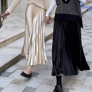 satin pleated long skirt《7color》