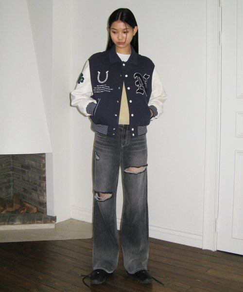 美品Sinoon Lucky Stamp Varsity Jacket ネイビー SINOON] LUCKY STAMP VARSITY JACKET (NAVY) | もごつ