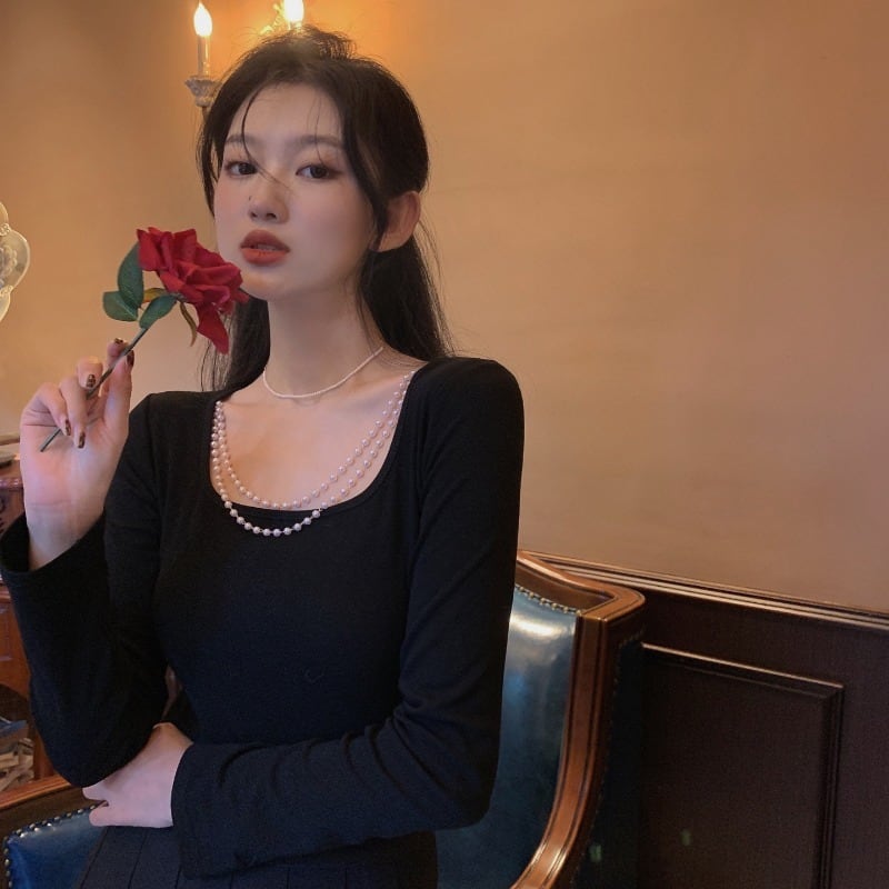 Tシャツ シャツ ショートスリムブラックオータムウィンタースタイル ロング コルセット 秋物 冬物 スクウェア ブラックストロベリース93376302142