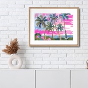 Sunset Beach|ピンクに染まる夕暮れの海アートポスター|油絵調の柔らかな癒しデザイン|北欧ナチュラルに合う額縁セット|A4ポスター