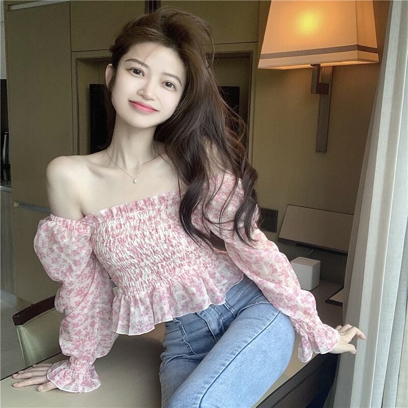 フローラルシフォンシャツ サマートップス ロング ピンク 夏物 花柄 ブラックストロベリース95950921852