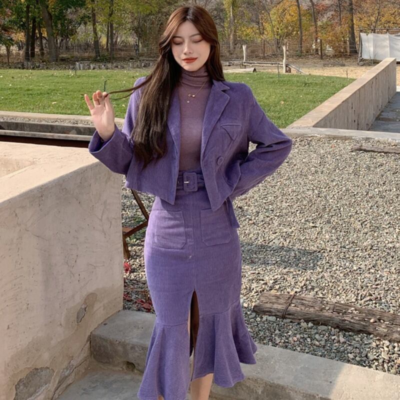 レディースルーズコーデュロイジャケット ロングスカート YY-ファッション53087290083