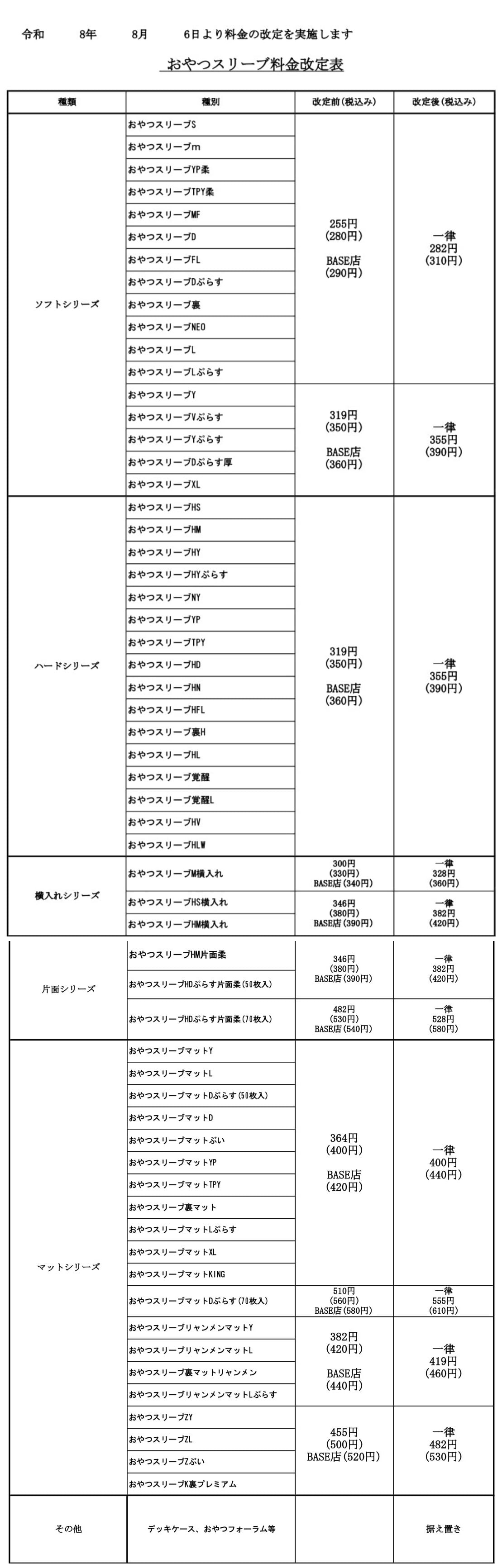 価格改定のお知らせ | ～おやつのじかん～ おやつスリーブ販売直営店