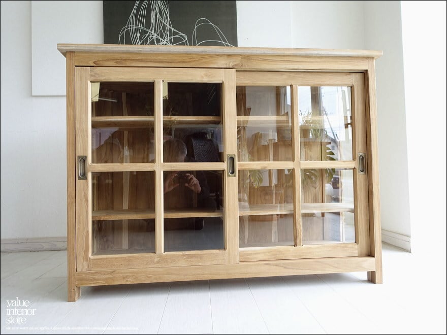 「 N 様 サイズオーダー家具 」 チーク材 総無垢 引戸ガラスキャビネットN 食器棚 飾り棚 カウンター ナチュラル キッチン収納 手作り シンプル 銘木家具