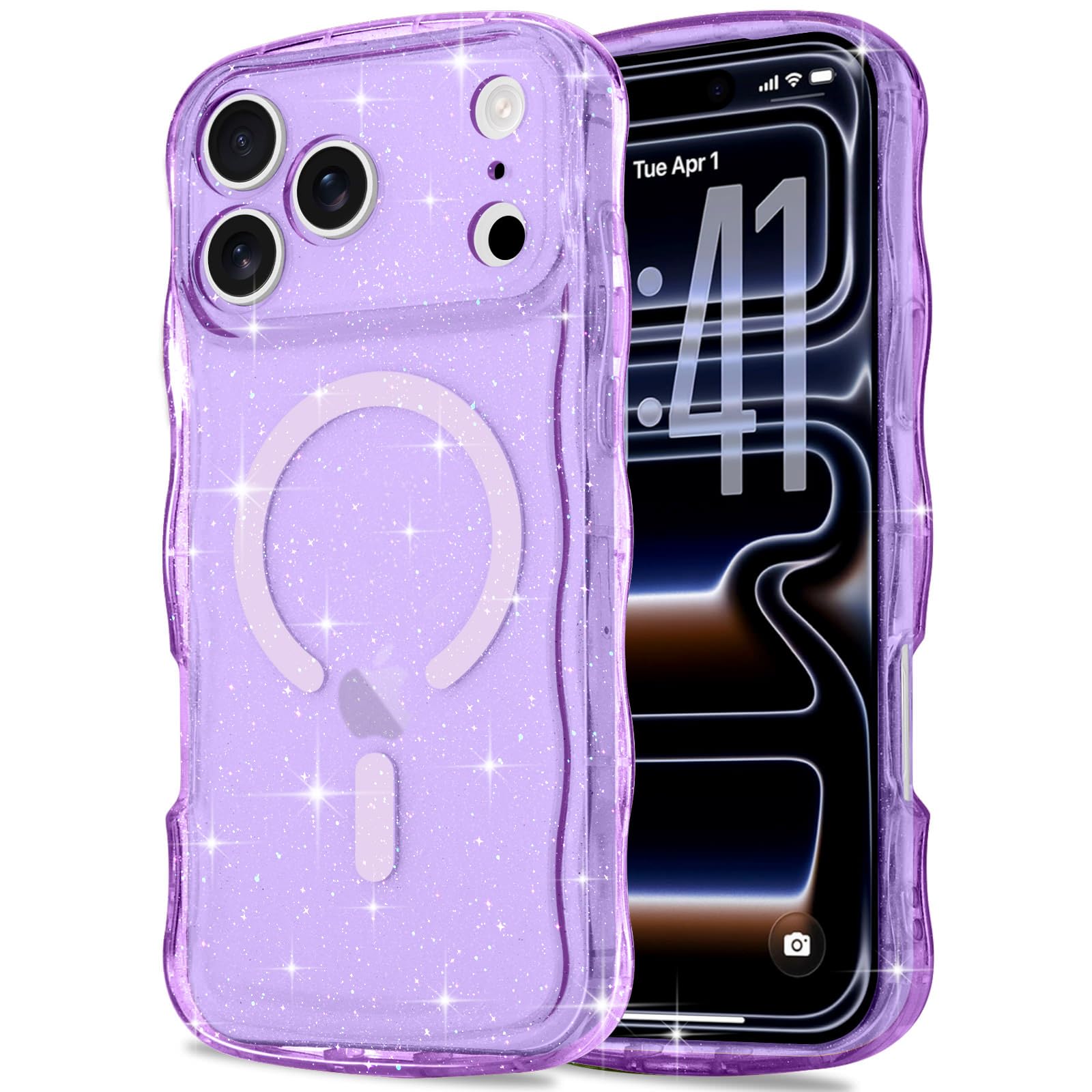 Pepmune iPhone 17 Pro用 ケース MagSafe対応 キラキラ ラメ ウェーブ かわいい 半透明 カバー(パープル)