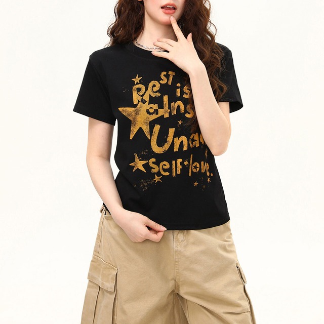 スターレタリンググラフィックプリントTシャツ 1col R02436