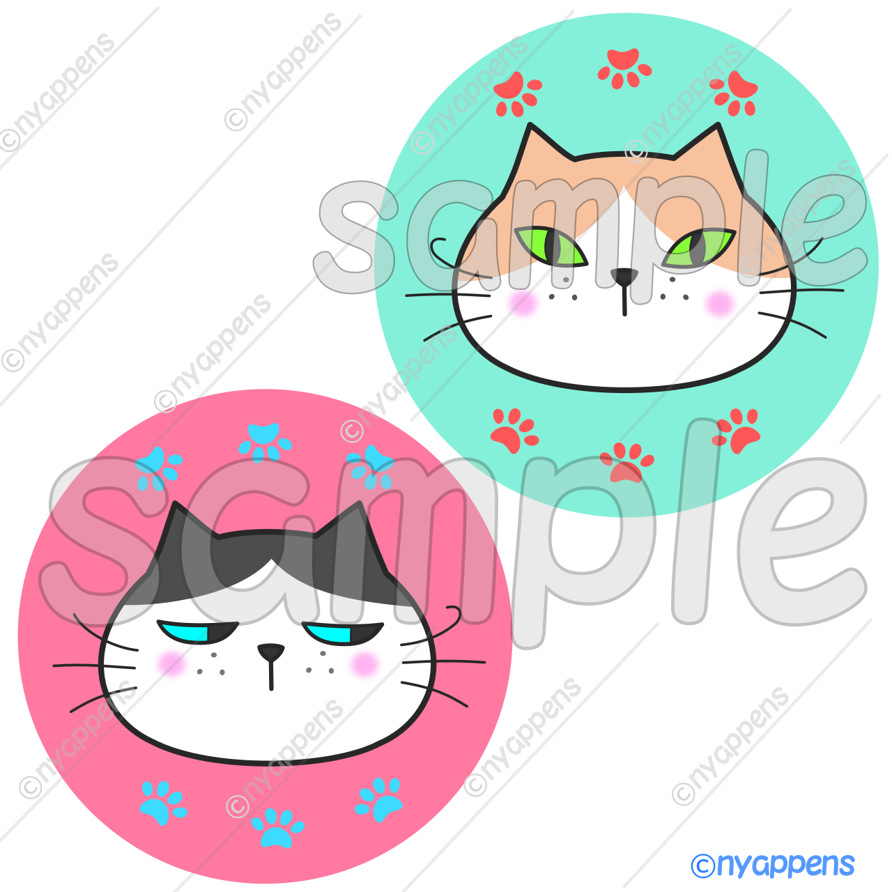 【商用利用OK】猫イラスト(ヒゲまる/全20種類セット)シールやアイコン、素材に!