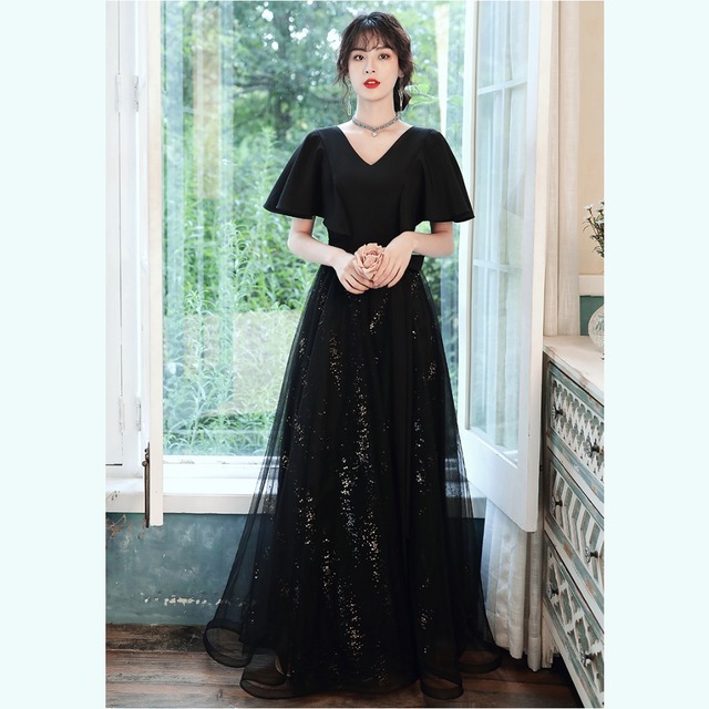 【送料無料】ロング ドレス パーティードレス 大人可愛い 袖あり 黒 無地 カッコイイ 個性的 Aライン 結婚式 二次会 お呼ばれ フォーマル 演奏会 ピアノ 発表会 ドレス ワンピース 大人 かっこいい プリンセス レディース 上品 切り替え 柄 Vネック 半袖 二の腕カバー ブラック エレガント 華やか フェミニン チュール 透け感 ドッキング 20代 30代 40代 50代 XS S M L XL 2XL 3XL 大きいサイズ お呼ばれ パーティ 衣装 海外 韓国 dress ロング丈 no2299