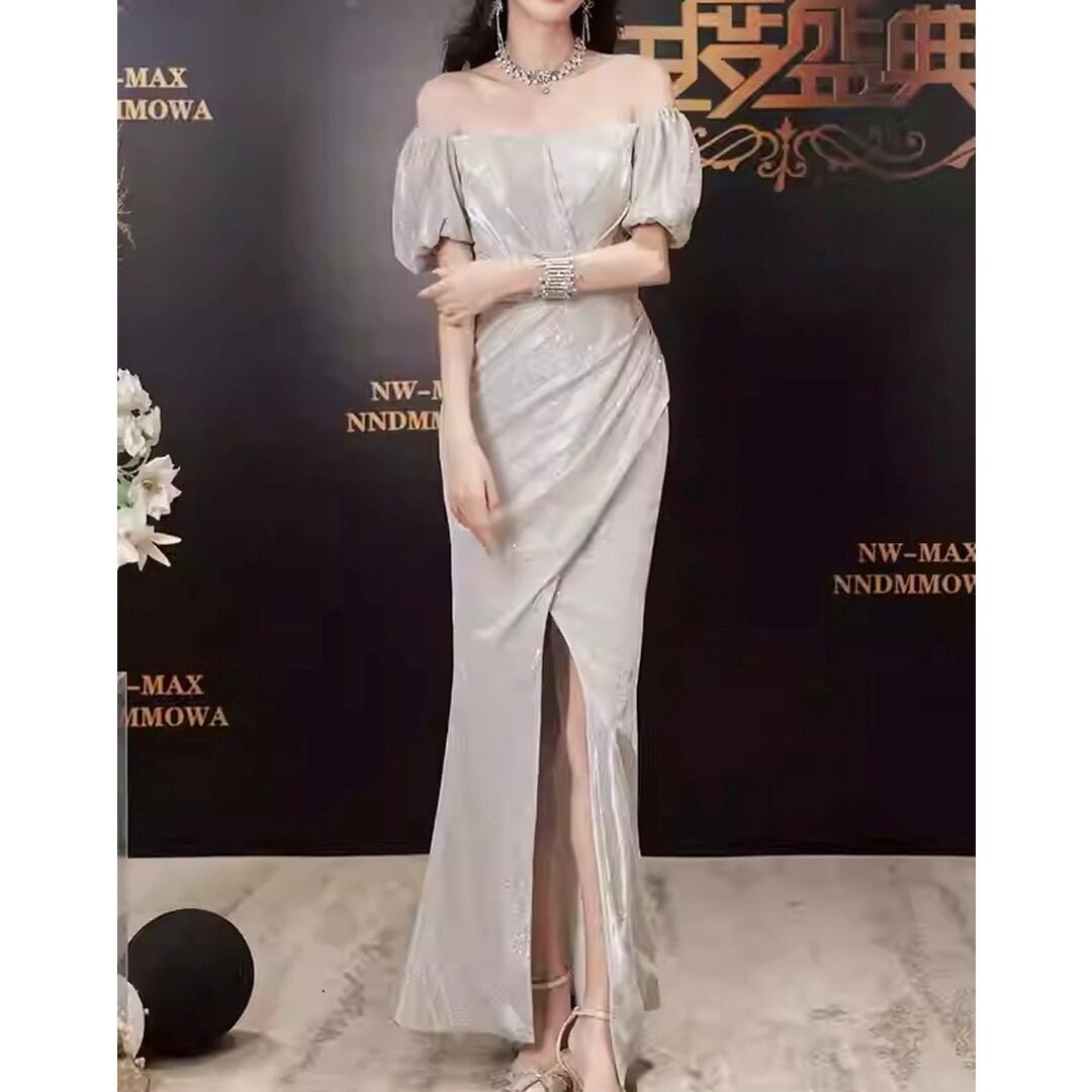 puff sleeve midi slit dress V3281