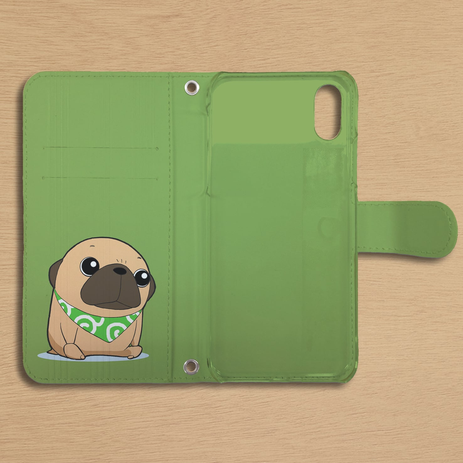 スタンド付き 両面印刷 手帳型 iphone/Androidケース かわいいパグ①（フォーン）