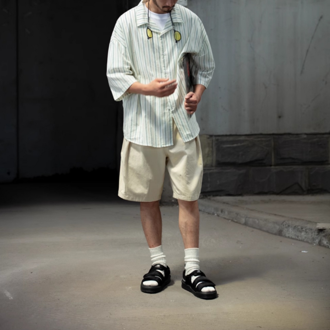 開襟ストライプ柄五分袖シャツ　0704