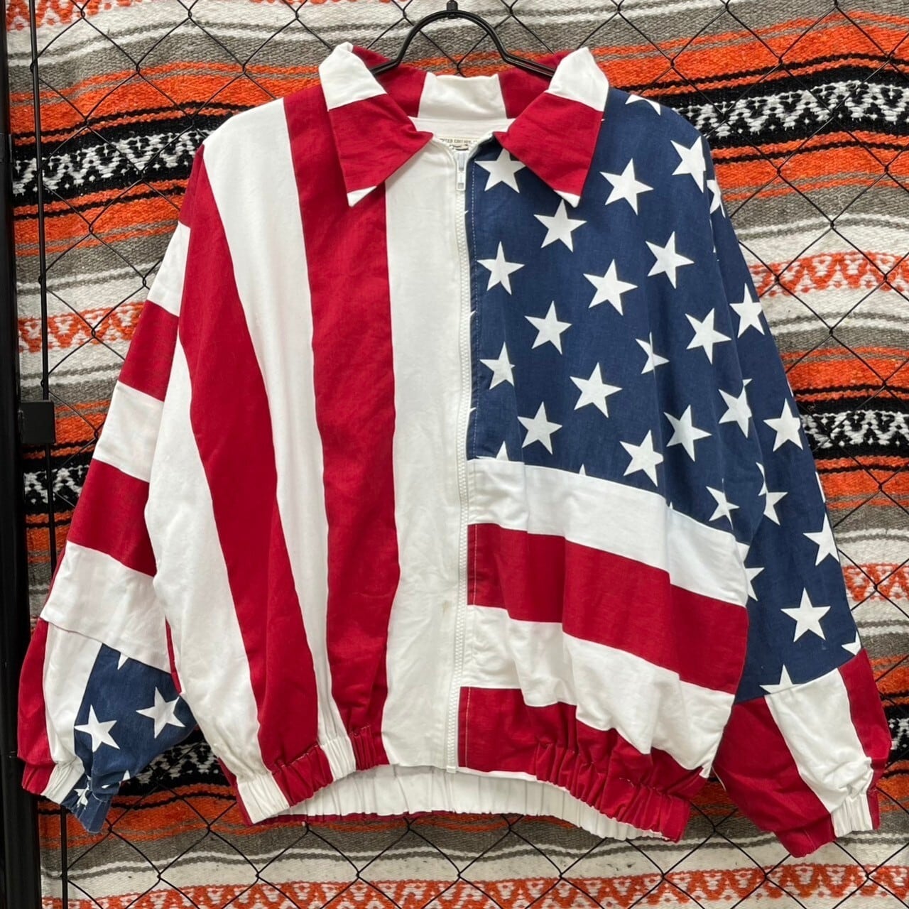 90s USA製 プルオーバー ジャケット ジップアップ 総柄 星条旗 M