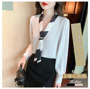 ブラウス スカーフ風 レディース 2色 S-3L Vネック 長袖 タイ付き 上品 オフィス OL 25LT213
