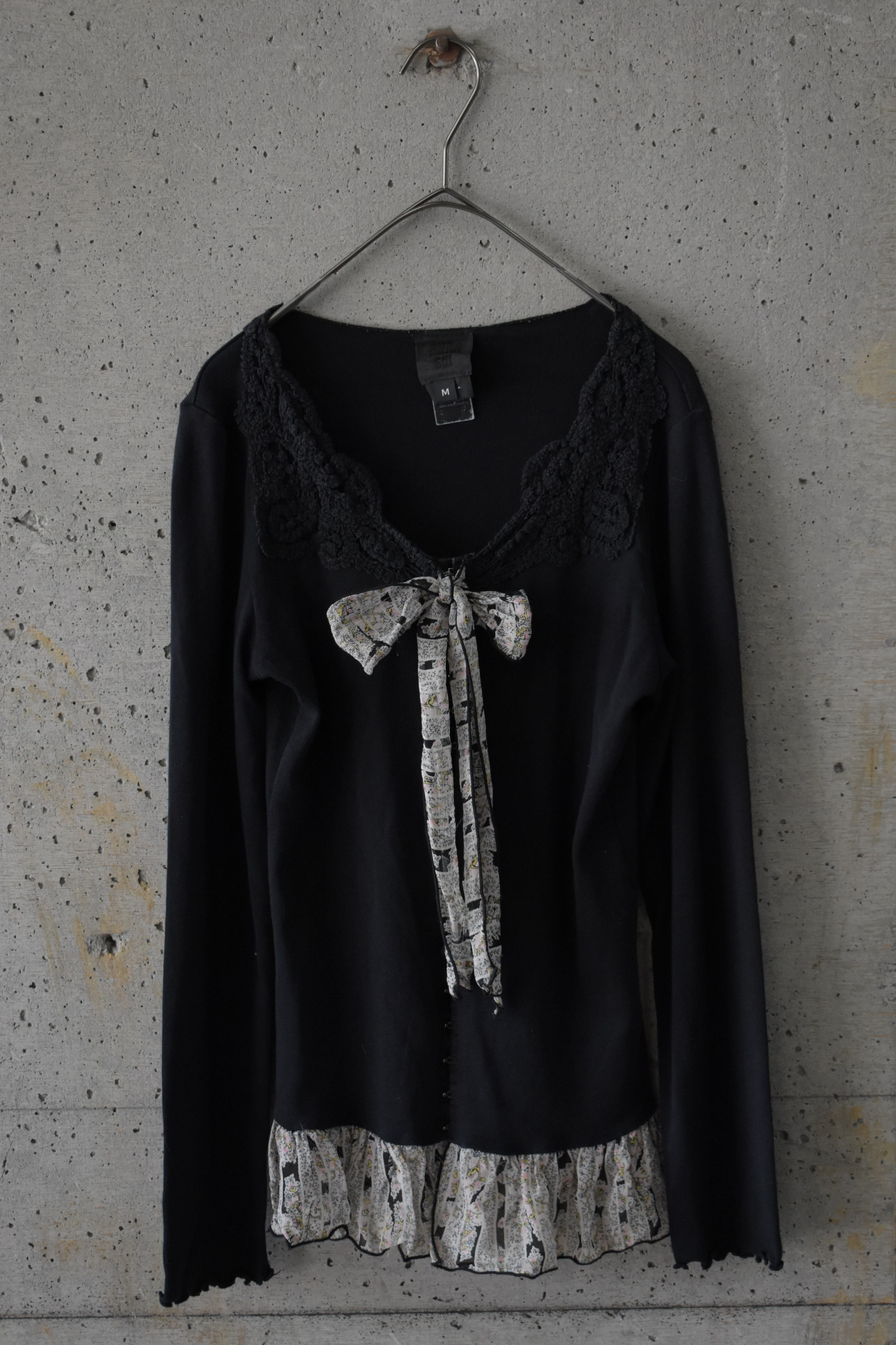 Cut-and-sew cardigan with frilled ribbon