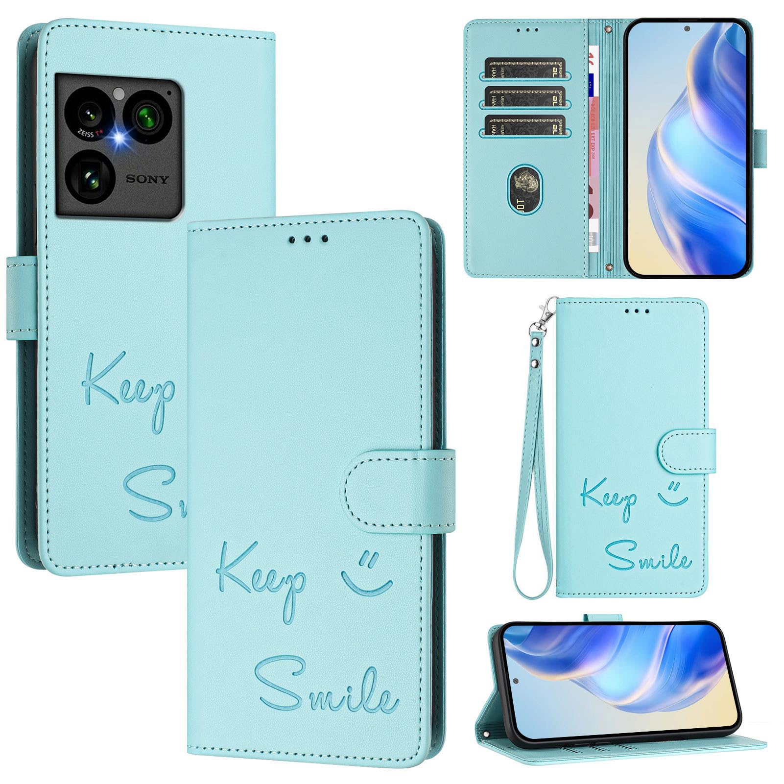 【YUYIB】 スマホケース 対応 Xperia 1 VIII ケース 手帳型 ショルダー カード収納 スタンド機能 高級なPUレザー&ソフトTPU 笑顔 かわいい SO-51G/SOG17 カバー 薄型 傷防止背面 滑り止め 耐衝撃 純正 ストラップホール付き エクスペリア1 viii 携帯手帳カバー (グリーン1, Xperia1 VIII)