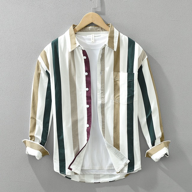 【M-3XL】Multi-Color Stripe Long Sleeve Shirt / マルチカラー ストライプ 長袖 シャツ