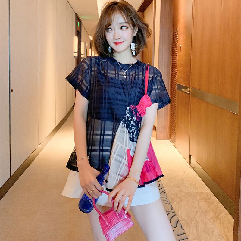 ラウンドネックジャカードトップス スプリングサマー 春物 夏物 Oネック ステッチ MIUCO68246395950