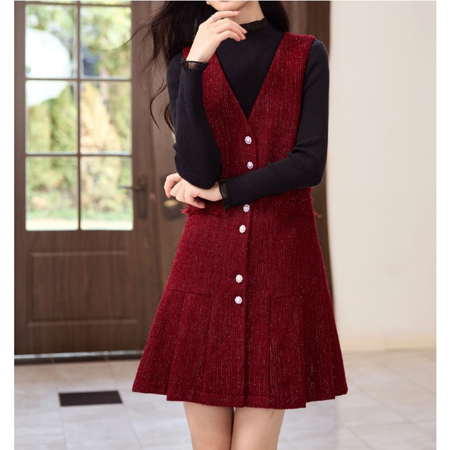 red tweed v-neck sleeveless one-piece＜d2978＞
