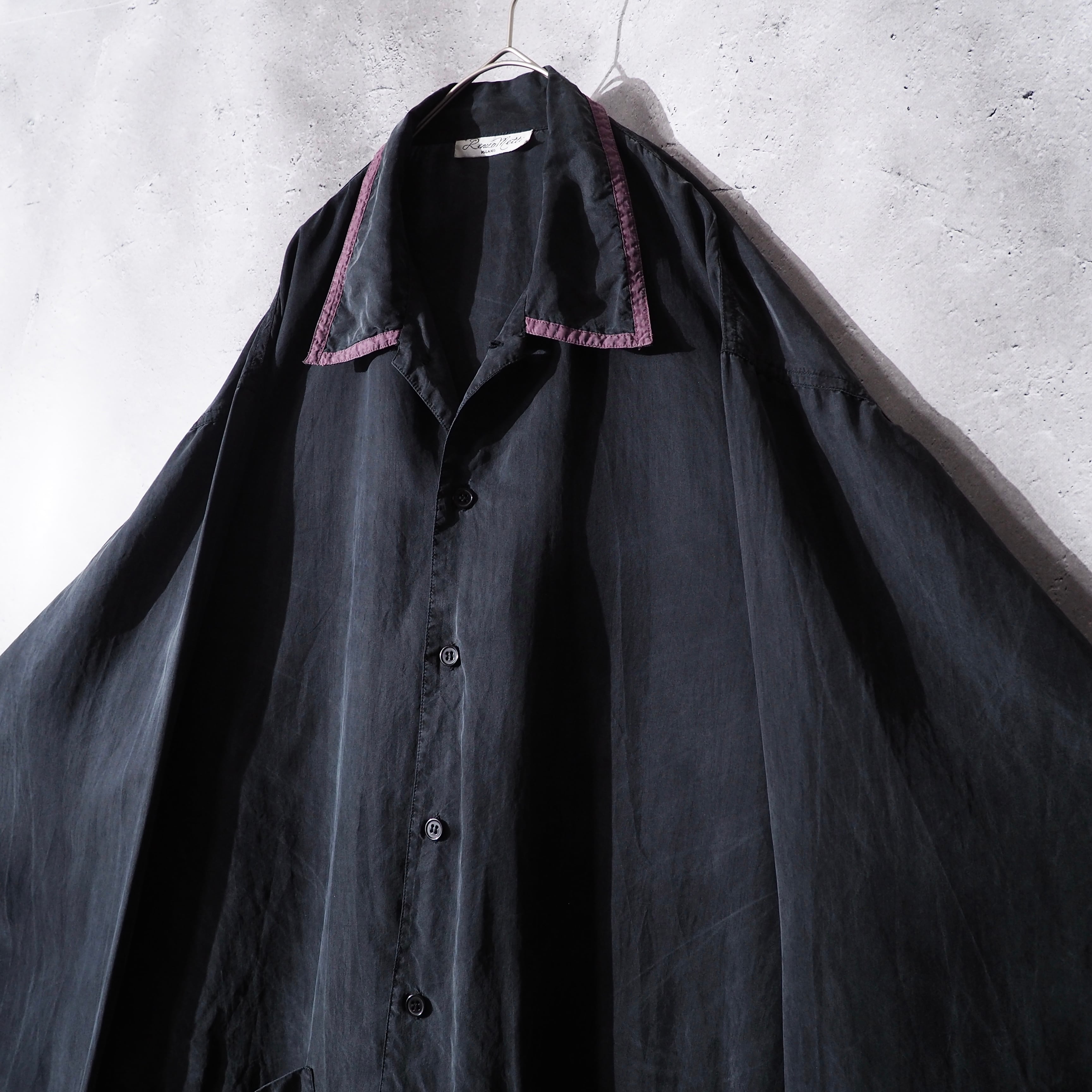 1980s " 墨黒 " Beautiful Black ink color vintage Drape loose silk shirt