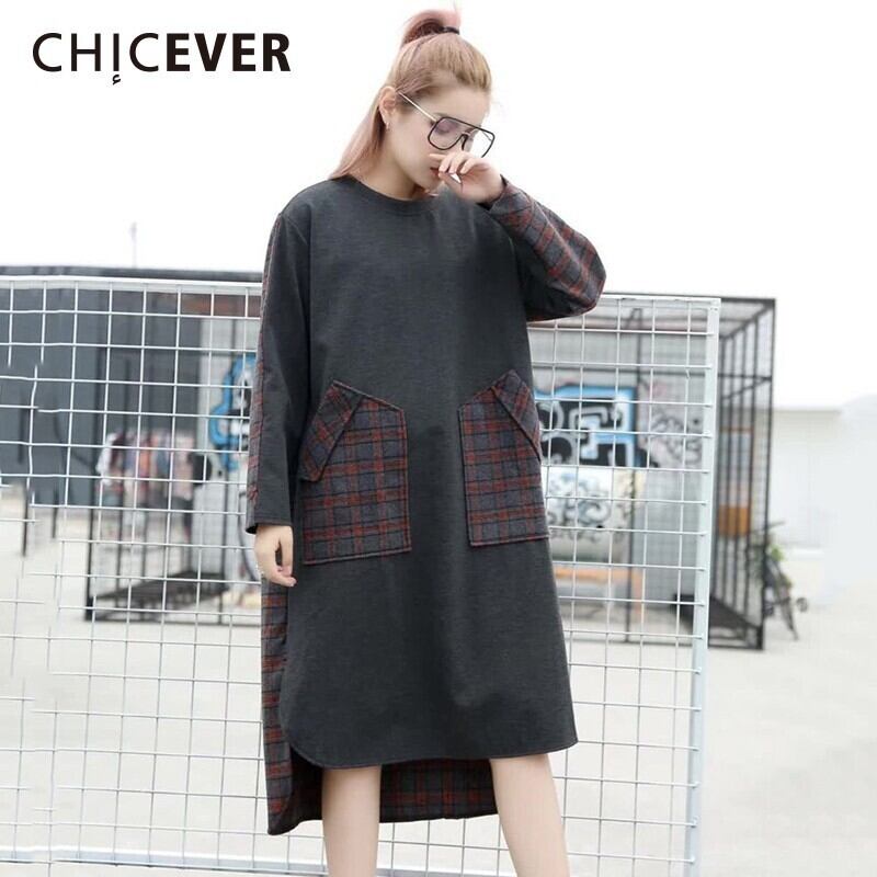 CHICEVERパッチワークチェック柄レディースドレスOネック長袖非対称裾ヒットカラードレス秋 ロング オータム 秋物 6base564829012396