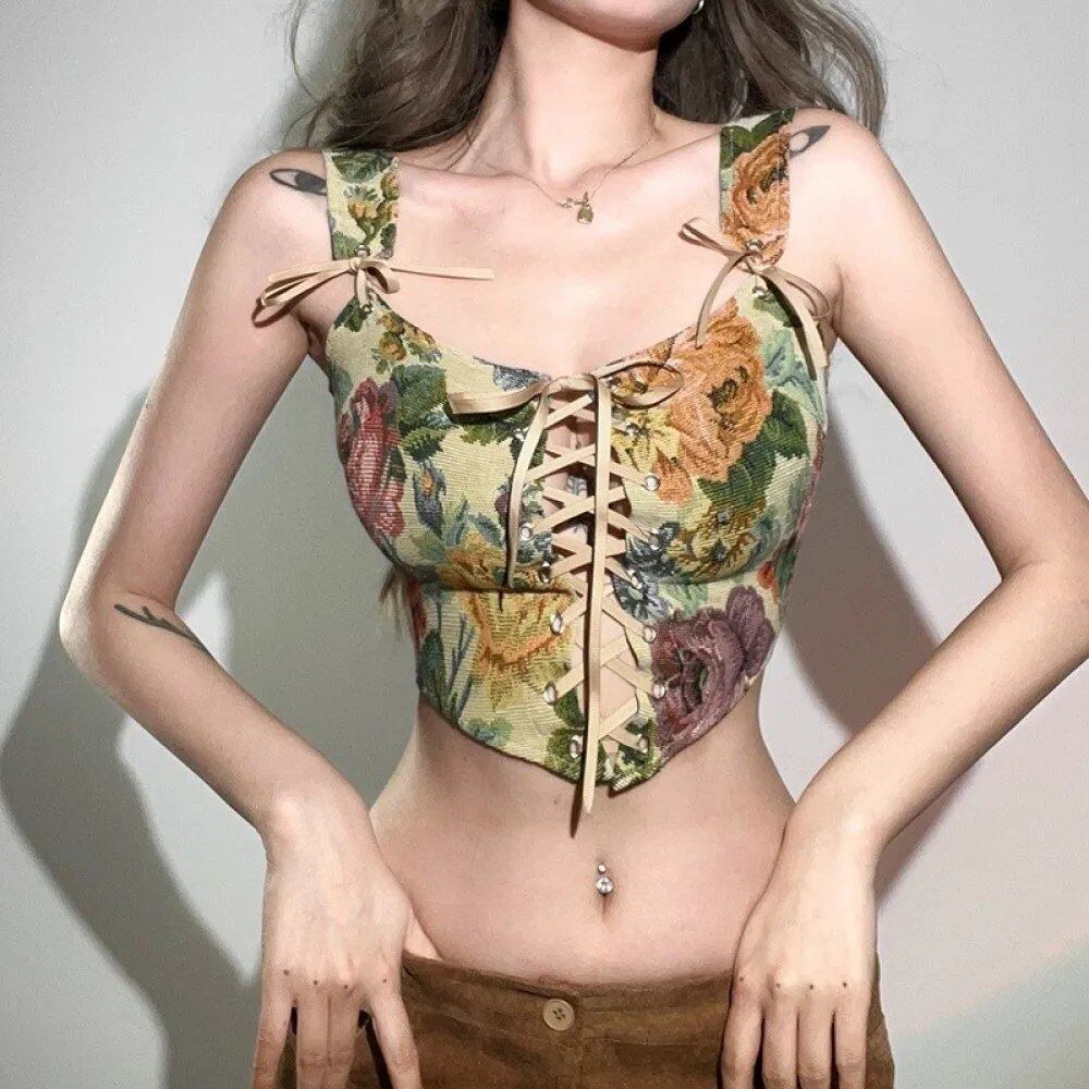 SylCue 花柄タンクトップ女性ホルターローネック包帯シャーリング装飾バックレススウィートガールズストリート Y2K スタイルキャミソール