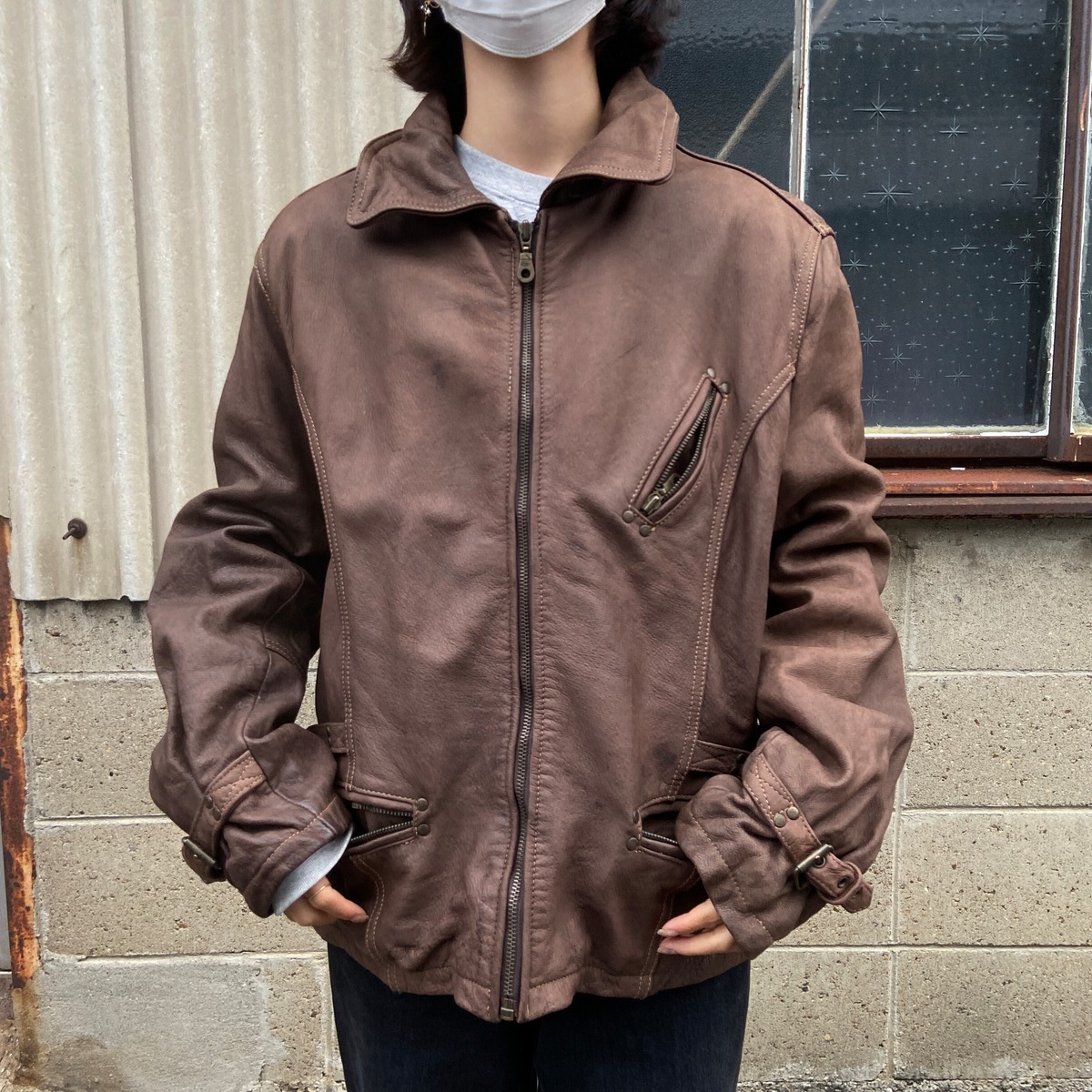 90年代 GUESS LEATHER レザージャケット サテンライナー メンズL 古着 