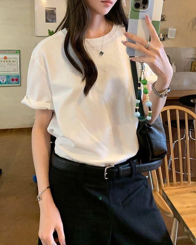 クルーネックロールアップスリーブ Tシャツ 3color A1076