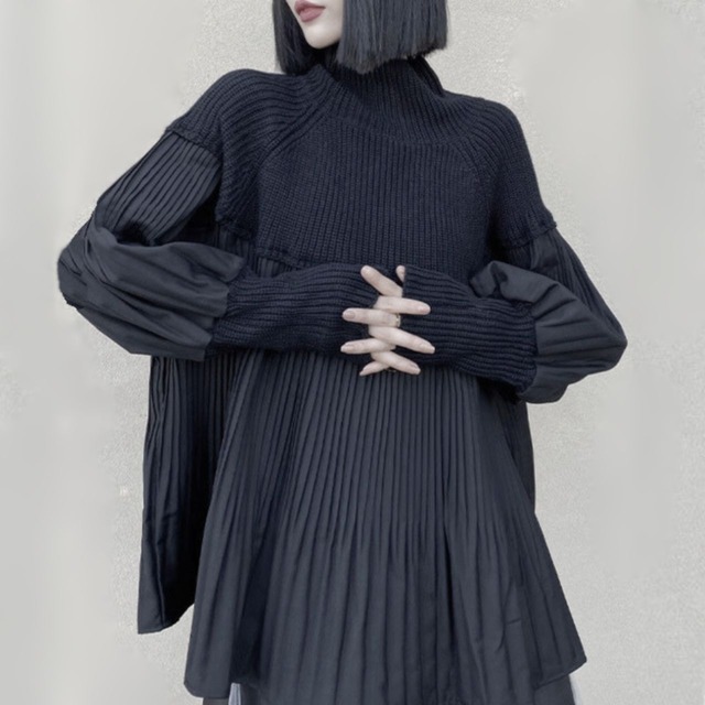 Lantern sleeve high neck tops C0600