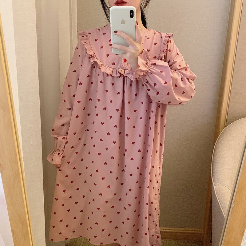 ワンピース パジャマ ルームウェア 長袖 ナイトドレス ハート柄 ミニハート フリル ガーリー 可愛い ラブリー 春 秋 A0448 Macaron