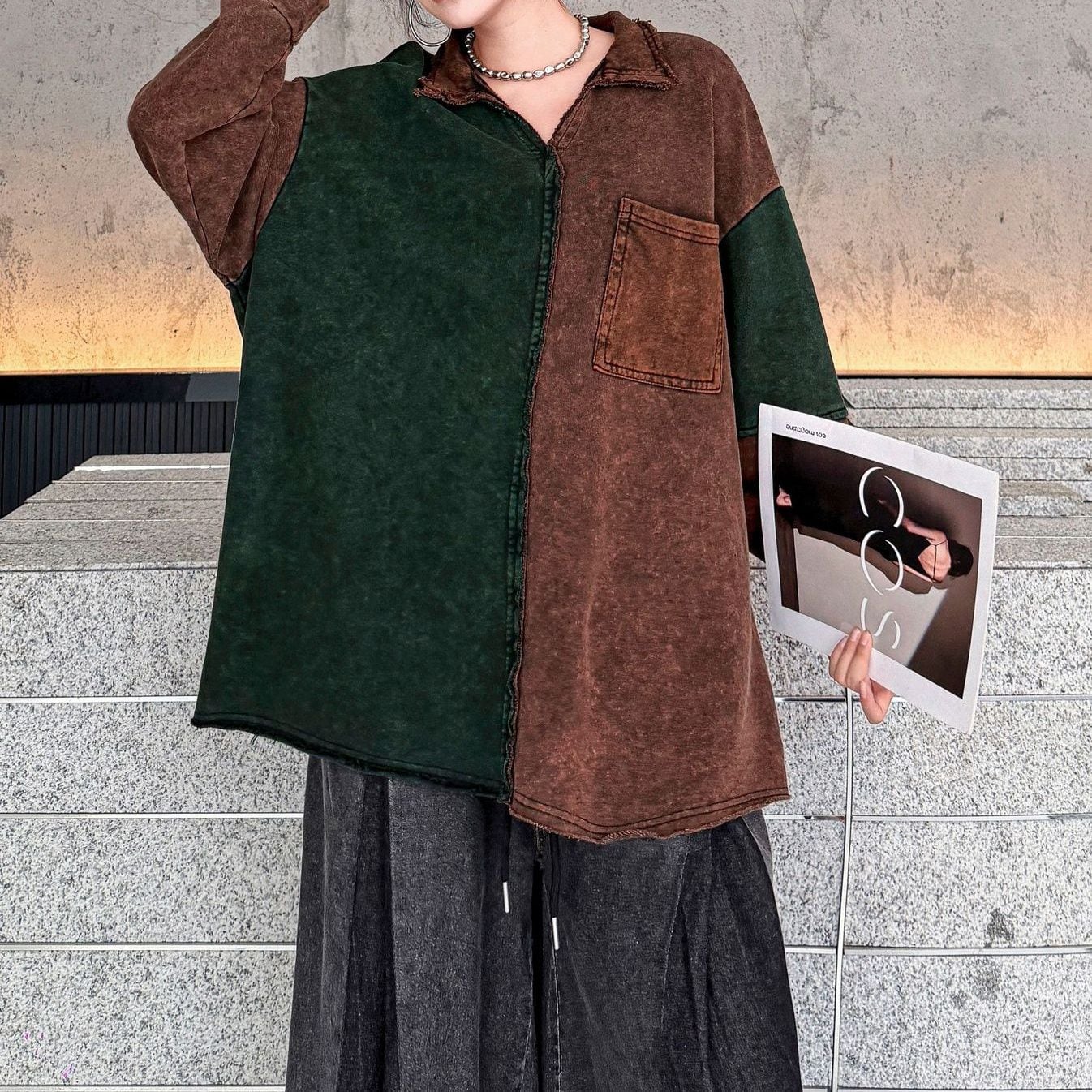 CONTRAST COLLAR LONG SLEEVE SHIRT M-18596