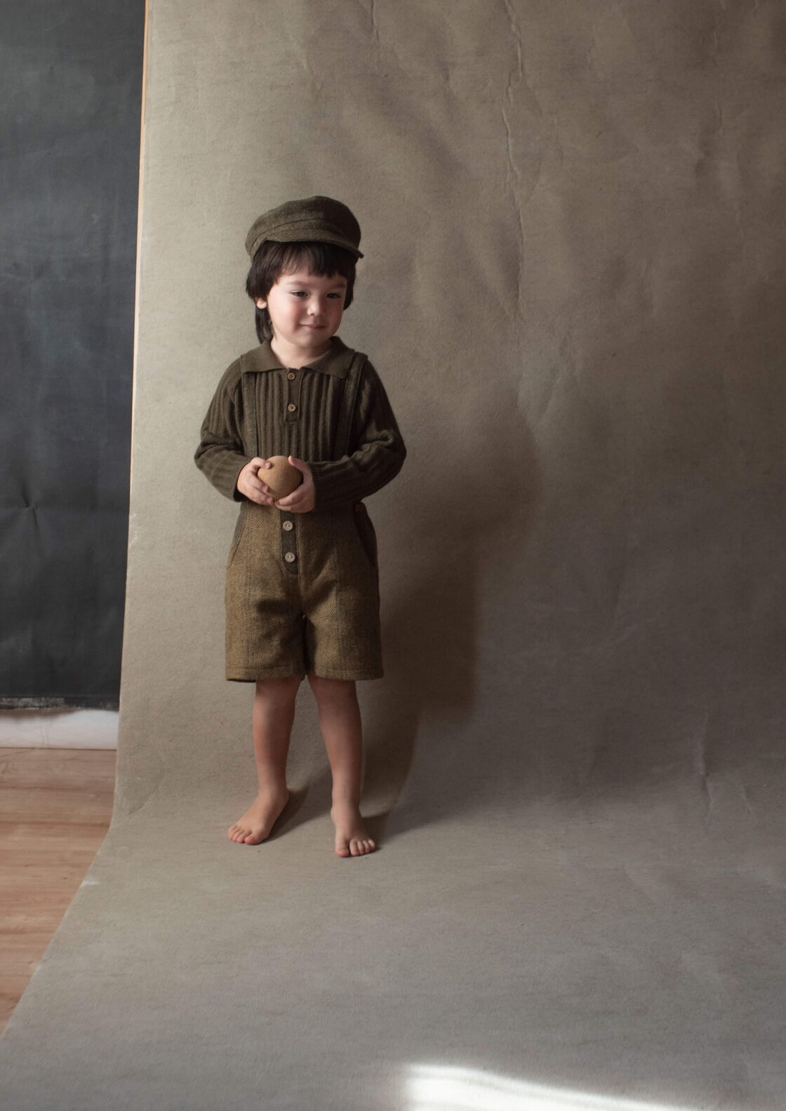 Popelin(ポペリン) / Green check woollen short dungarees with 