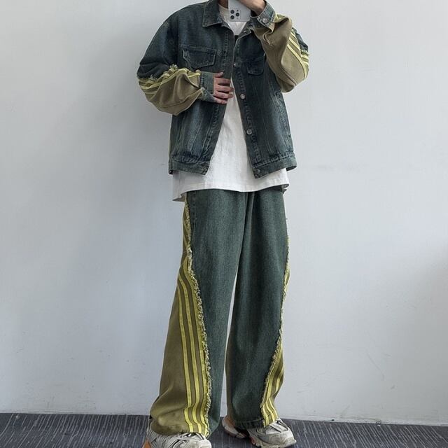 【予約販売】メンズ セットアップ メンズ デニム カジュアル ブルー ライン 異素材 Gジャン こなれ感 韓国 セットアップ トレンド M/L/XL/2XL