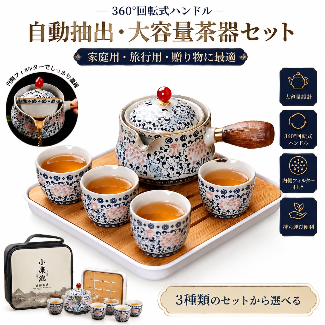 B38.【レトロ風陶器茶器セット】360°回転式 自動抽出 急須 大容量 茶器