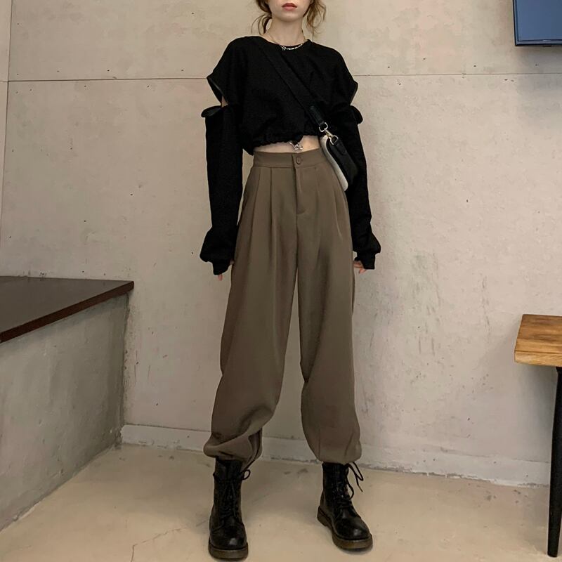 ハイウエストスーツパンツレディース初秋2020新しいバージョン緩いドレープサイドスリット小さなカジュアルパンツ クレセントシティ85827116599