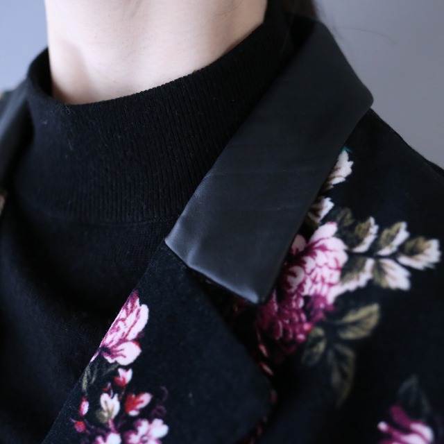 fake leather switching design flower art pattern tailored jacket